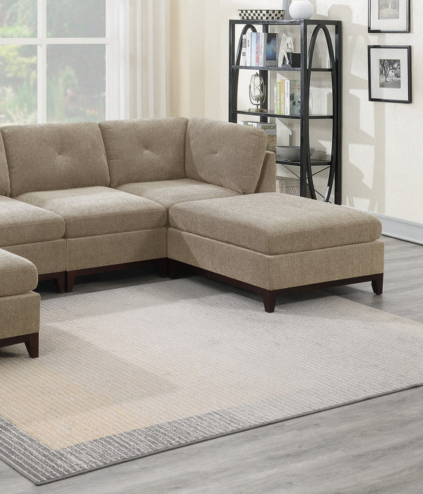 Camel Chenille Fabric Modular Sectional 6pc Set Living Room Furniture U-Sectional Couch 2x Corner Wedge 2x Armless Chairs and 2x Ottomans Tufted Back Exposed Wooden Base