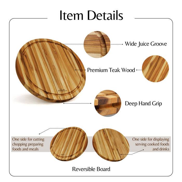 Teak Cutting Board, Reversible Chopping and Serving Board, Multipurpose Food Safe Thick Board, Small Large Size (15.8x15.8x1.25) inches