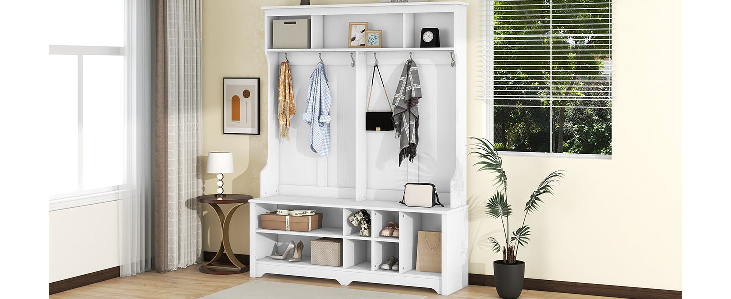 Modern Hallway Hall Tree with Metal Hooks and Storage Space, Multi-Functional Entryway Coat Rack with Shoe Cubbies, White (Pre-sale date: December 18th)