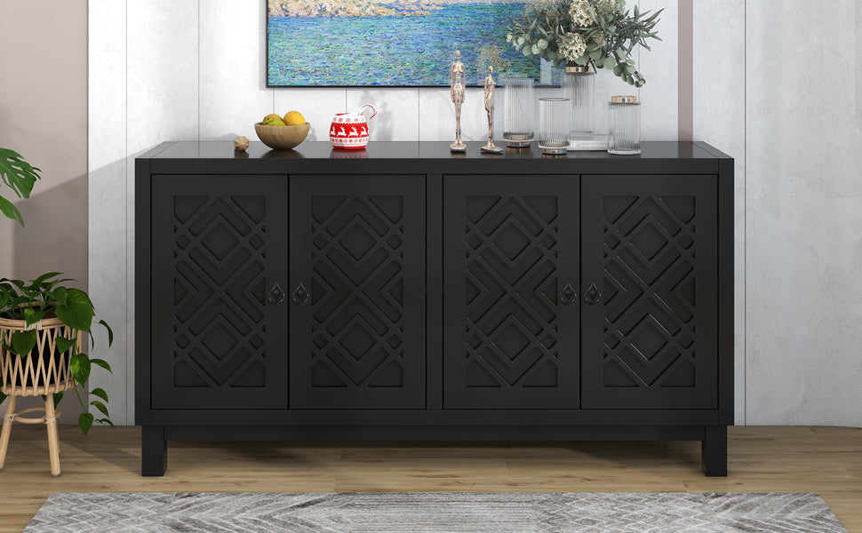 TREXM Large Storage Space Sideboard, 4 Door Buffet Cabinet with Pull Ring Handles for Living Room, Dining Room (Black)