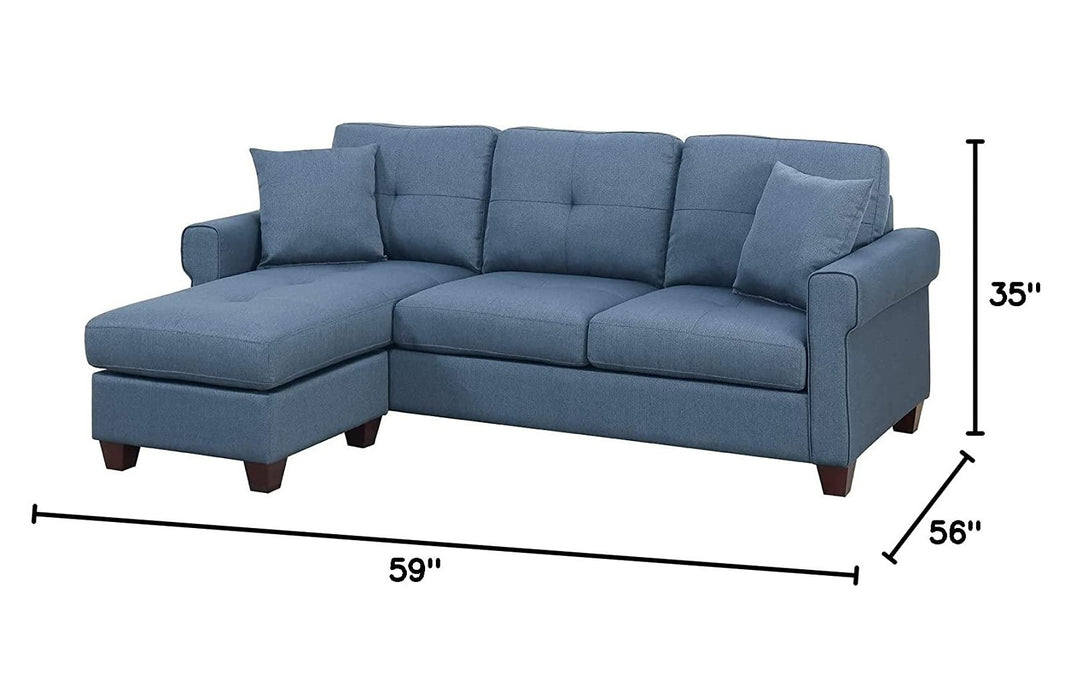 Blue Glossy Polyfiber Tufted Cushion Sectional Sofa With Reversible Chaise, Living Room Furniture