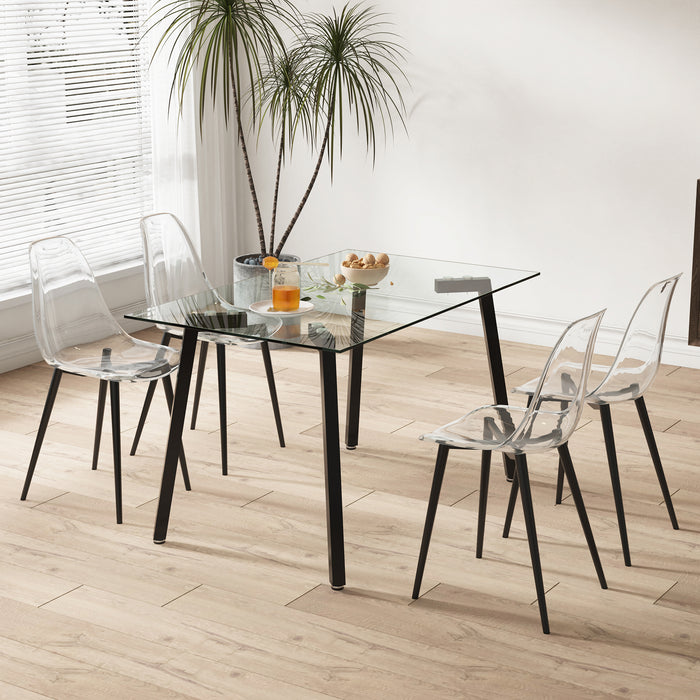 Table and chair set, transparent glass tabletop and black metal table legs, transparent plastic backrest cushion and black metal chair legs, one table with four chairs.DRT-1123  TW-1200