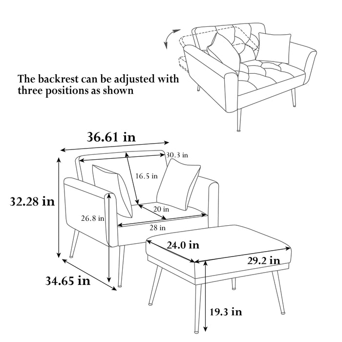 36.61'' Wide Modern Accent Chair With 3 Positions Adjustable Backrest, Tufted Chaise Lounge Chair, Single Recliner Armchair With Ottoman And Gold Legs For Living Room, Bedroom (Gray)