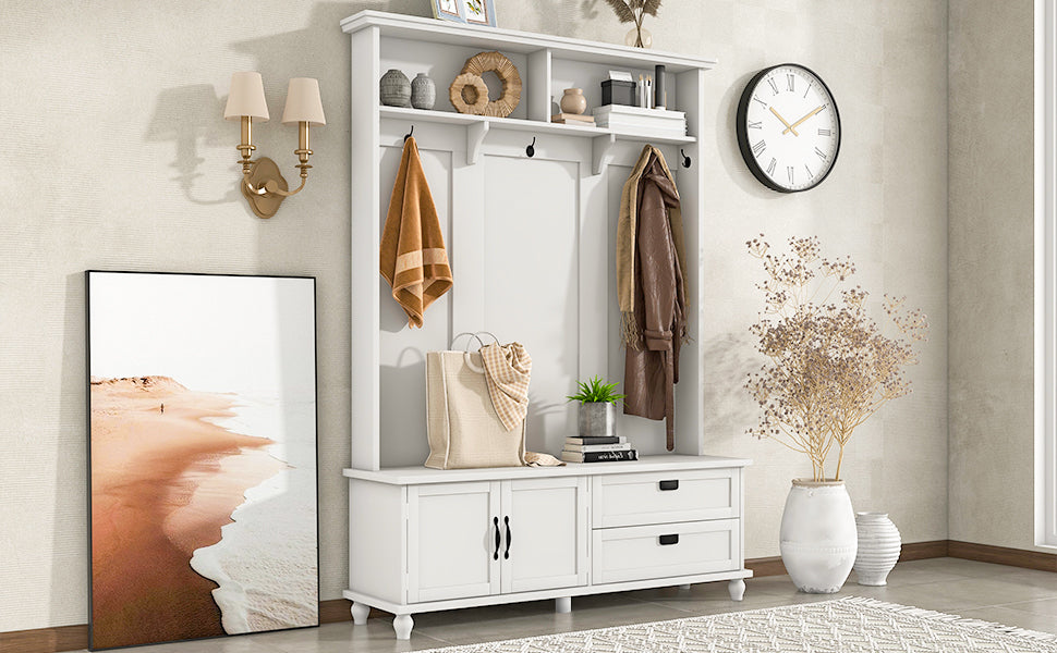 [VIDEO provided] ON-TREND Modern Style Hall Tree with Storage Cabinet and 2 Large Drawers, Widen Mudroom Bench with 5 Coat Hooks, White