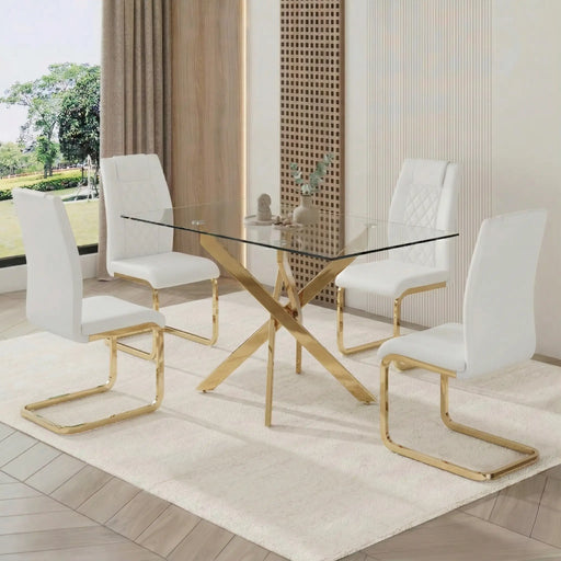 Rectangular Glass Dining Table Set for 4, 47.24' Glass Dining Table with Gold Legs, Modern Kitchen Table for Home Kitchen(gold table and gold chairs) Glass House Furnishings
