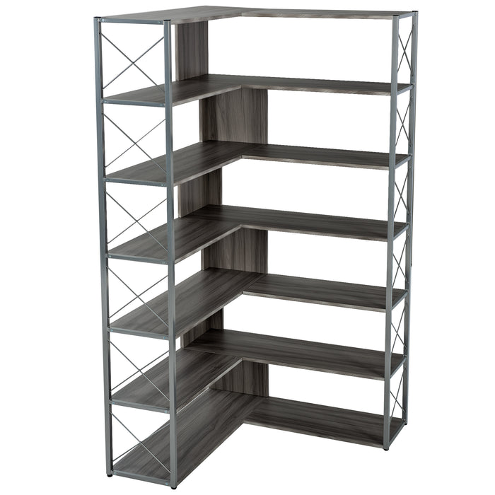 7-Tier L-Shaped Corner Bookcase, Industrial Style with Metal Frame and Open Storage Shelves, Perfect for Home Office - MDF Board, Silver + Grey