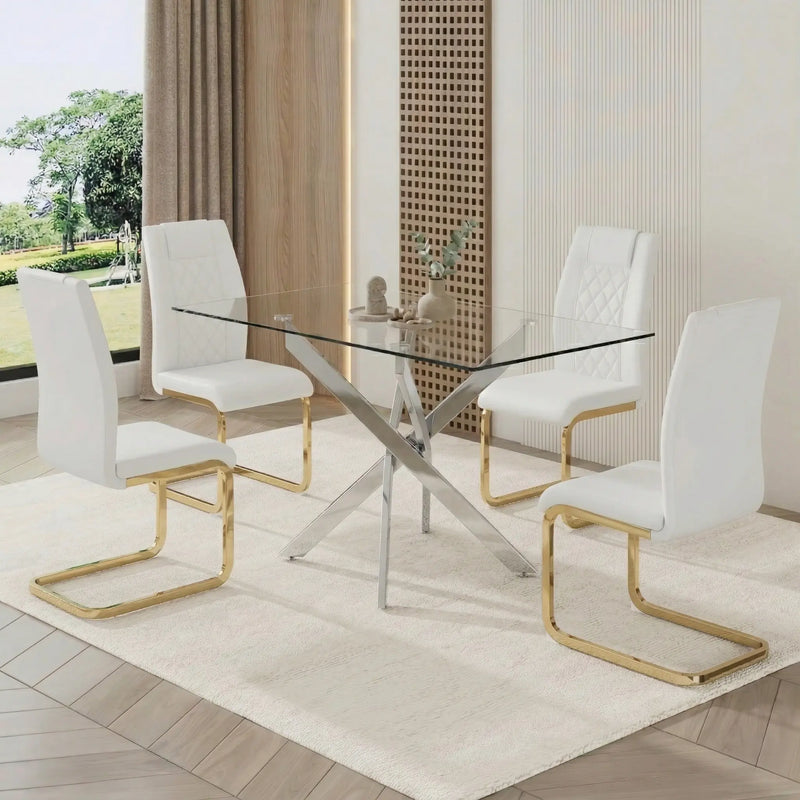 Rectangular Glass Dining Table Set for 4, 47.24' Glass Dining Table with Silver Legs, Modern Kitchen Table for Home Kitchen(silver table and gold chairs) Glass House Furnishings
