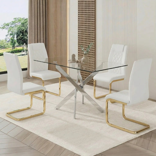 Rectangular Glass Dining Table Set for 4, 47.24' Glass Dining Table with Silver Legs, Modern Kitchen Table for Home Kitchen(silver table and gold chairs) Glass House Furnishings