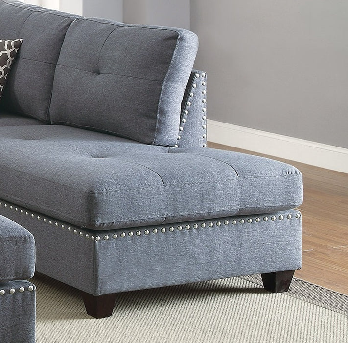 3-Pc Sectional Sofa with Blue Grey Polyfiber Chaise Ottoman & Pillows