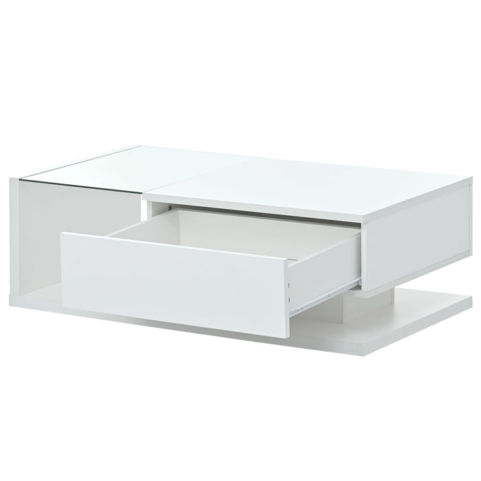 [VIDEO provided] ON-TREND Modern Coffee Table with Tempered Glass, Wooden Cocktail Table with High-gloss UV Surface, Modernist 2-Tier Rectangle Center Table for Living Room, White