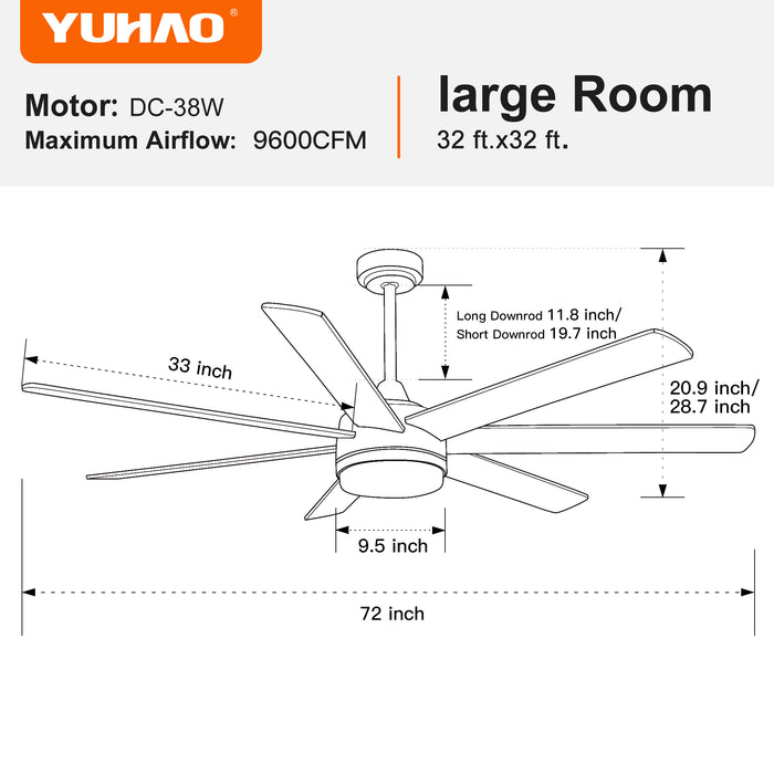 72-inch Farmhouse Ceiling Fan With Plywood Blades, Ideal For Dining Room