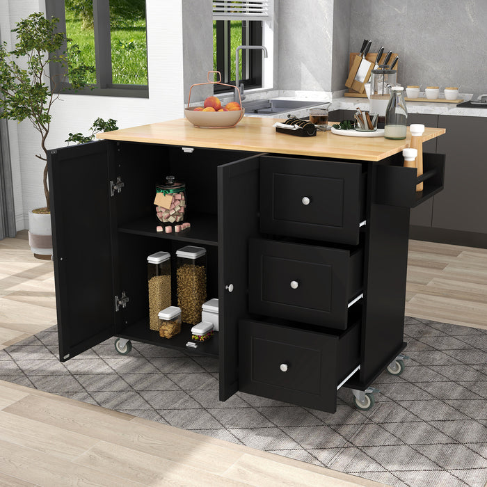 Rolling Mobile Kitchen Island with Solid Wood Top and Locking Wheels, with 52.7 Inch Width, Storage Cabinet, and Drop Leaf Breakfast Bar, including Spice Rack, Towel Rack & Drawer, Black