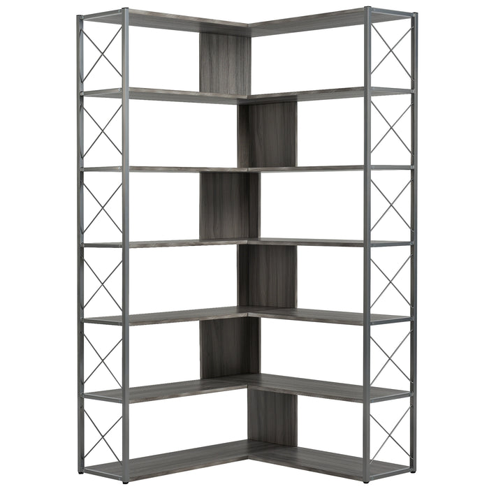 7-Tier L-Shaped Corner Bookcase, Industrial Style with Metal Frame and Open Storage Shelves, Perfect for Home Office - MDF Board, Silver + Grey