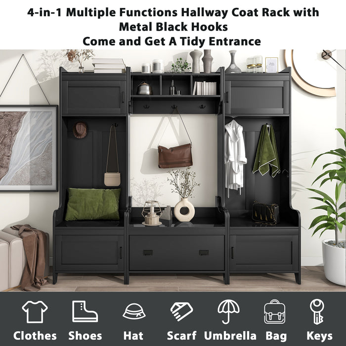 ON-TREND Modern Style 4-in-1 Multiple Functions Hallway Coat Rack with Seven Metal Black Hooks, Entryway Bench Hall Tree with Ample Storage Drawer, Black (Old SKU: SD000006AAB)