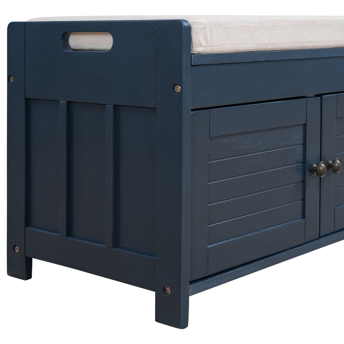 TREXM Storage Bench with 3 Shutter-shaped Doors, Shoe Bench with Removable Cushion and Hidden Storage Space (Antique Navy, OLD SKU: WF284226AAM)