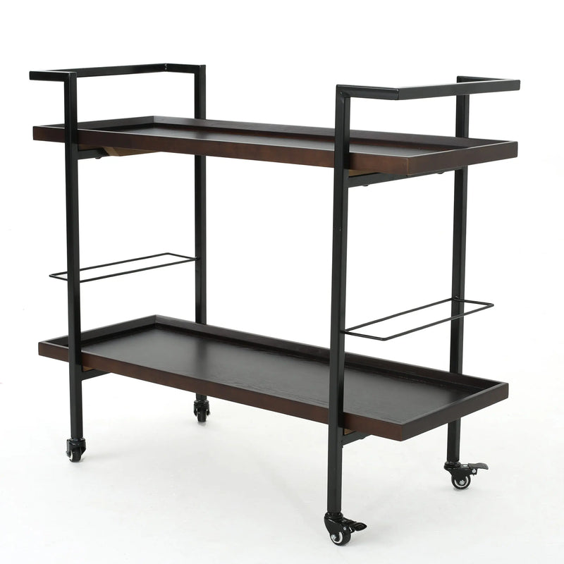 Modern Industrial Bar Cart with Shelving and Rolling Casters, Walnut Wood, 38x16.1x33 inches Glass House Furnishings
