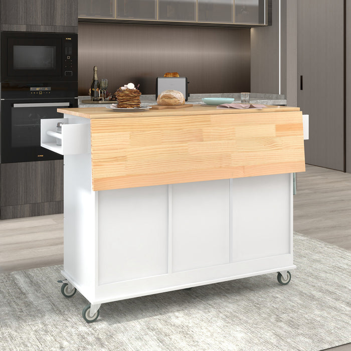 Rolling Mobile Kitchen Island with Solid Wood Top and Locking Wheels, 52.7 Inch Width, Storage Cabinet and Drop Leaf Breakfast Bar, Spice Rack, Towel Rack & Drawer, White