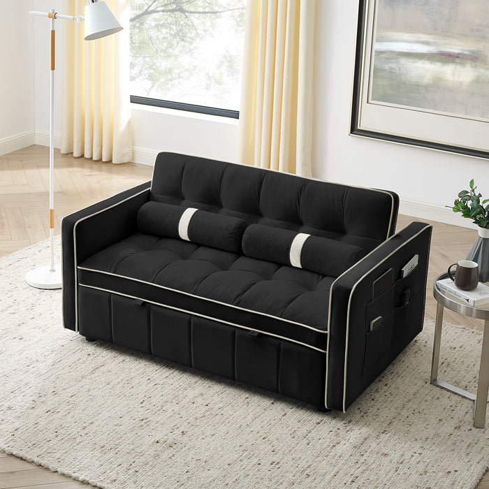 Modern 55.5" Pull Out Sleep Sofa Bed, 2-Seater Loveseat with Side Pockets, Adjustable Backrest, Lumbar Pillows - Ideal for Apartment, Office, Living Room, Black