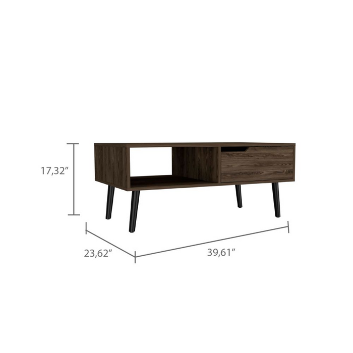 Oslo Coffee Table with One Drawer, One Open Shelf and Four Legs, Dark Walnut