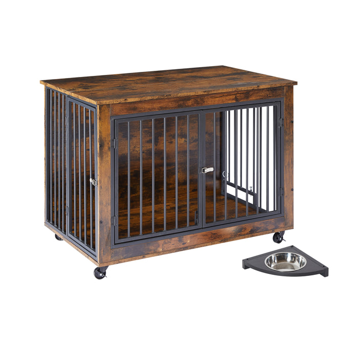 Furniture Style Dog Crate Side Table With Rotatable Feeding Bowl, Wheels, Three Doors, Flip-Up Top Opening. Indoor, Rustic Brown, 38.58"W x 25.2"D x 27.17"H