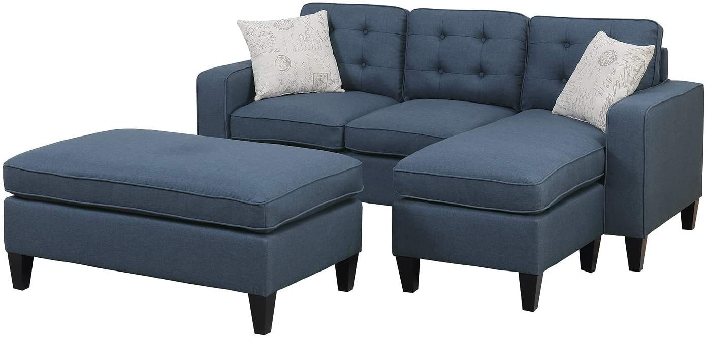 3-Piece Reversible Sectional Sofa Set with Navy Tufted Polyfiber, Wood Legs, Chaise Sofa, Ottoman, Pillows, and Cushion Couch