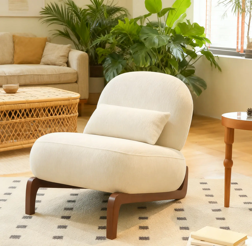 Cute Accent Chair with Solid Wood Legs, Living Room Chair with Soft Fabric Cushion, Cozy Bedroom Chair, Comfy Armless Reading Chair for Apartment, Waiting Room, Balcony (White) Glass House Furnishings