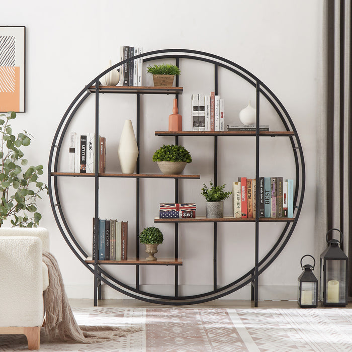 Round 5-Tier Metal Plant Stand bookcase storage rack, Indoor Living Room Terrace Garden Balcony Display Stand. Rustic Brown, 67'' W x 11.8'' D x 67'' H.