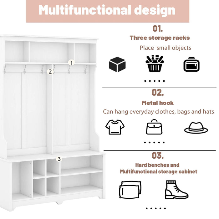 Modern Hallway Hall Tree with Metal Hooks and Storage Space, Multi-Functional Entryway Coat Rack with Shoe Cubbies, White (Pre-sale date: December 18th)