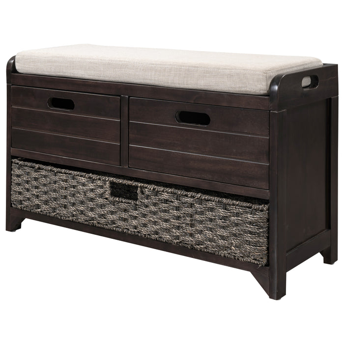 TREXM  Storage Bench with Removable Basket and 2 Drawers, Fully Assembled Shoe Bench with Removable Cushion (Espresso)