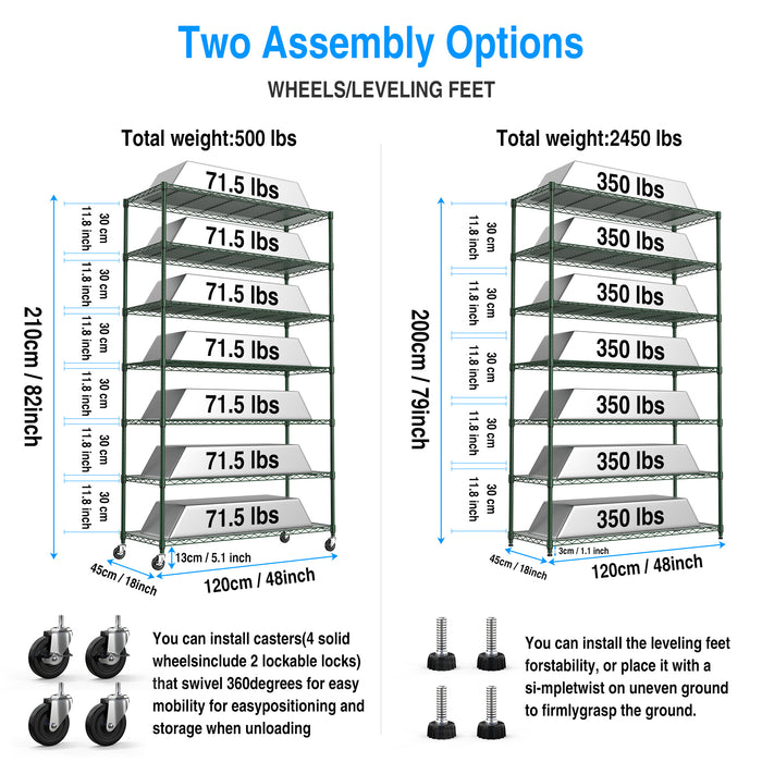 7 Tier Wire Shelving Unit, 2450 LBS NSF Height Adjustable Metal Garage Storage Shelves with Wheels, Heavy Duty Storage Wire Rack Metal Shelves - Green