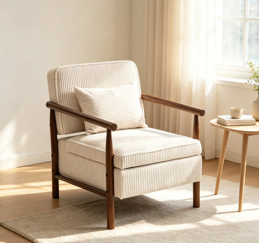 Storage Chair,Mid Century Modern Accent Chair with Wood Frame, Upholstered Living Room Chairs with Waist Cushion, Reading Armchair for Bedroom Sunroom Glass House Furnishings