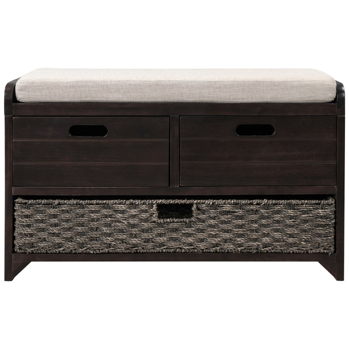 TREXM  Storage Bench with Removable Basket and 2 Drawers, Fully Assembled Shoe Bench with Removable Cushion (Espresso)