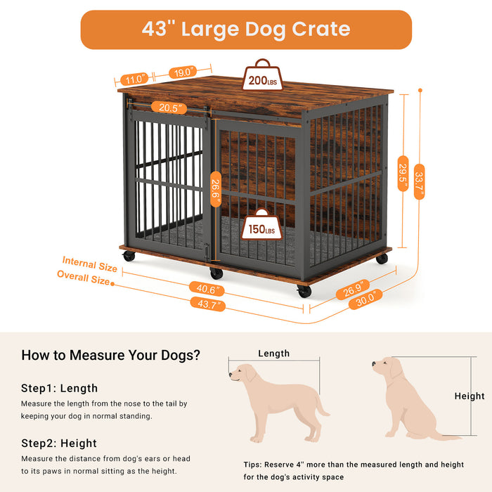 Furniture dog crate sliding iron door dog crate with mat. (Rustic Brown,43.7''W x 30''D x 33.7''H).