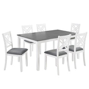 Modern 7-Piece Solid Wood Dining Set with 6 Upholstered Chairs – Grey & White Two-Tone Rectangular Table for 6, Space-Saving Kitchen & Dining Room Set, Easy Assembly Glass House Furnishings