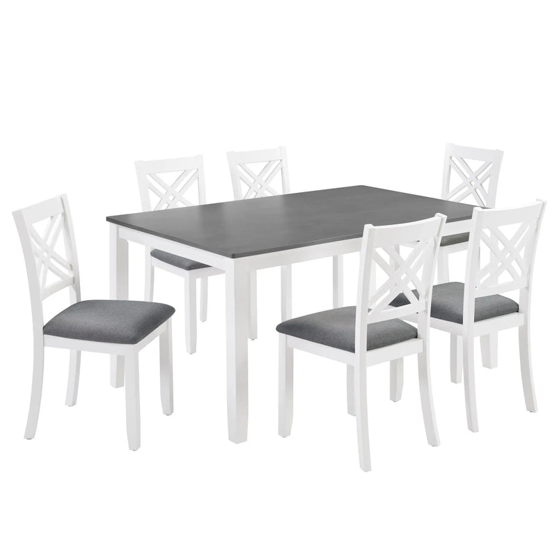 Modern 7-Piece Solid Wood Dining Set with 6 Upholstered Chairs – Grey & White Two-Tone Rectangular Table for 6, Space-Saving Kitchen & Dining Room Set, Easy Assembly Glass House Furnishings