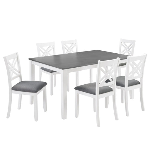 Modern 7-Piece Solid Wood Dining Set with 6 Upholstered Chairs – Grey & White Two-Tone Rectangular Table for 6, Space-Saving Kitchen & Dining Room Set, Easy Assembly Glass House Furnishings