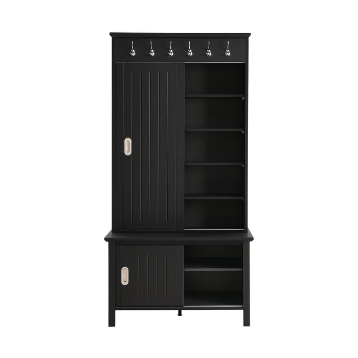 ON-TREND Multifunctional Hall Tree with Sliding Doors, Wooden Hallway Shoe Cabinet with Storage Bench and Shelves, Mudroom Coat Storage with Hanging Hooks for Entryways, Black