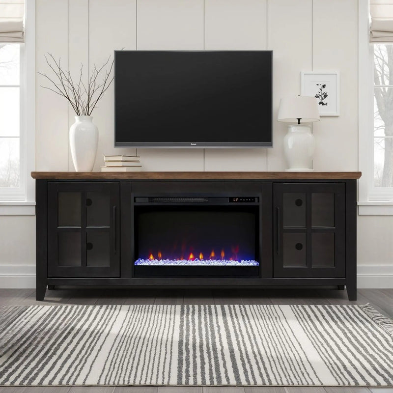 Providence 66 inch Fireplace TV Stand, For TVs up to 80 inches, Minimal Assembly Required, Black and Bourbon Finish Glass House Furnishings
