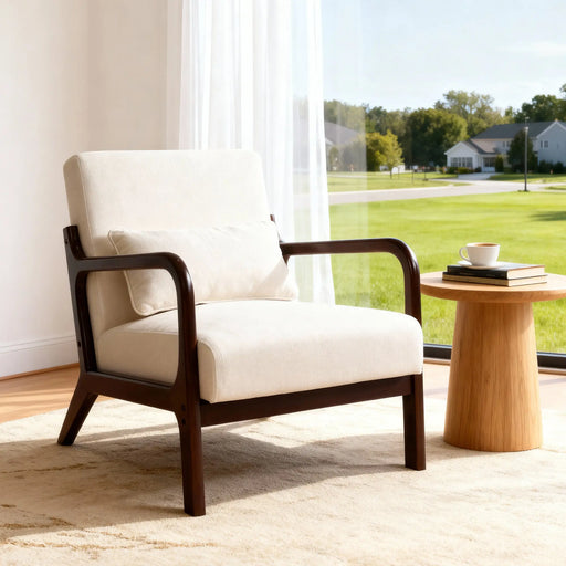 Mid Century Modern Armchair, Accent Chair with Solid Wood Frame and Detachable Lumbar Pillow for Living Room, Bedroom, Office(Beige)Chair Frame with a Brown Finish Glass House Furnishings