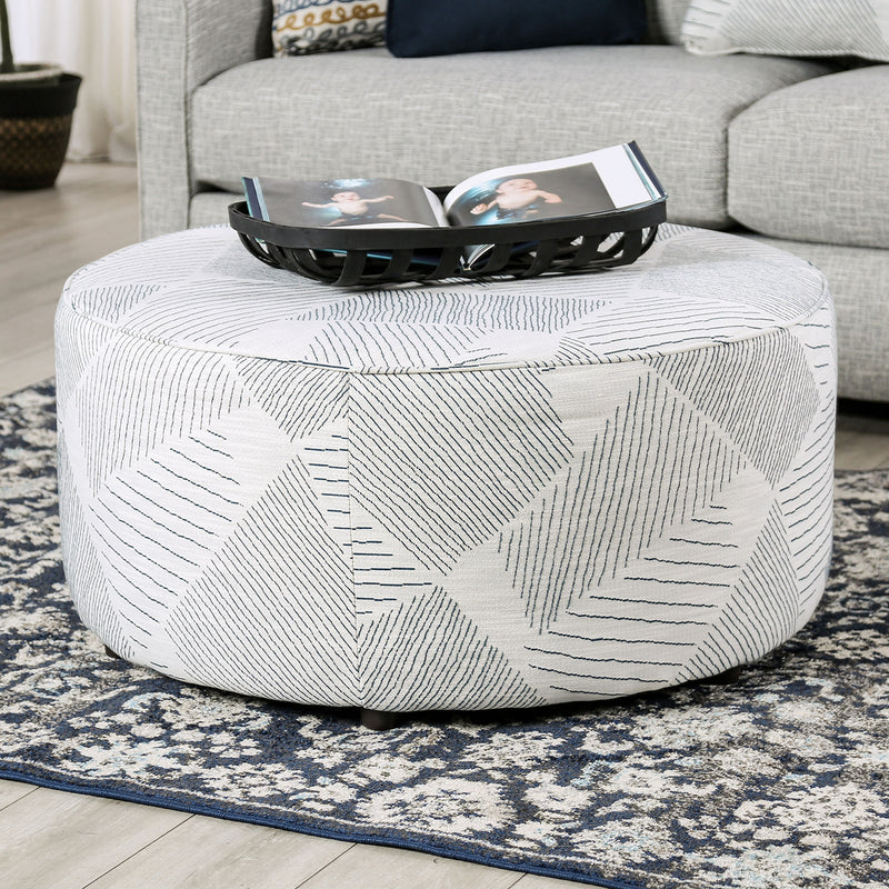 Hudson Round Gray and Navy Upholstered Ottoman with Welt Trim Glass House Furnishings