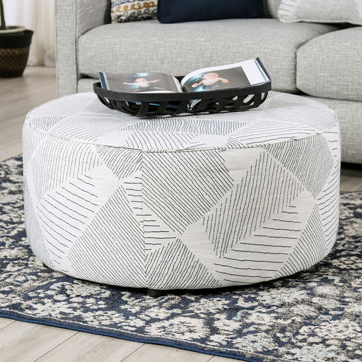 Hudson Round Gray and Navy Upholstered Ottoman with Welt Trim Glass House Furnishings