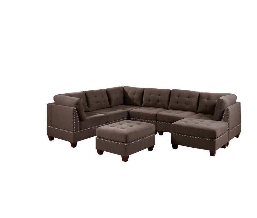 Contemporary Modular Sectional 8pc Set Living Room Furniture Corner L-Sectional Black Coffee Linen Like Fabric Tufted Nail heads 3x Corner Wedge 3x Armless Chair and 2x Ottoman