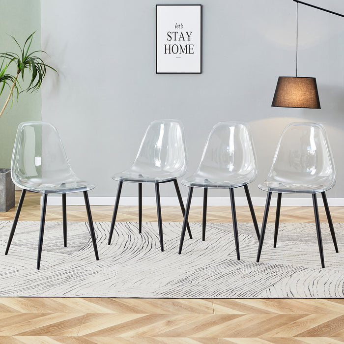 Table and chair set, transparent glass tabletop and black metal table legs, transparent plastic backrest cushion and black metal chair legs, one table with four chairs.DRT-1123  TW-1200