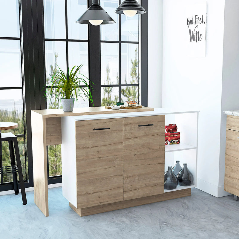 Sicilia Kitchen Island, Two  External Shelves, Double Door Cabinets, Three Shelves -White / Light Oak Glass House Furnishings