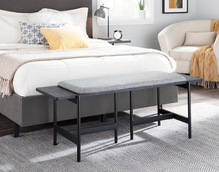 Chloe Contemporary Bench in Black Metal & Grey Fabric With Black Wood Accents