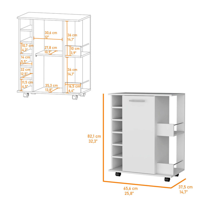 Woodland Bar Cart with Casters, Wine Rack and Open Shelf, White