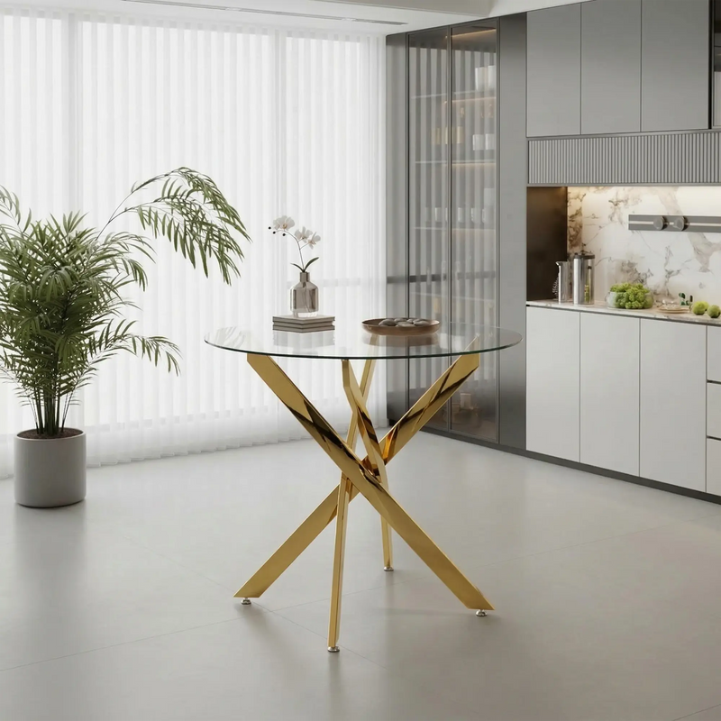 Round Dining Table, 35.5' Glass Dining Table with Gold Legs, Modern Kitchen Table for Home Kitchen, Dining Room Glass House Furnishings