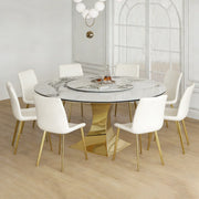 59' Round Sintered Stone Dining Table Set with Gold Stainless Steel Hourglass Base & 8 White Padded Chairs - Modern Luxury Marble-Look Kitchen Table for 6-8 People, Scratch & Heat Resistant Surface Glass House Furnishings
