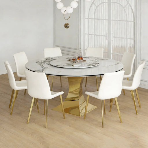 59' Round Sintered Stone Dining Table Set with Gold Stainless Steel Hourglass Base & 8 White Padded Chairs - Modern Luxury Marble-Look Kitchen Table for 6-8 People, Scratch & Heat Resistant Surface Glass House Furnishings