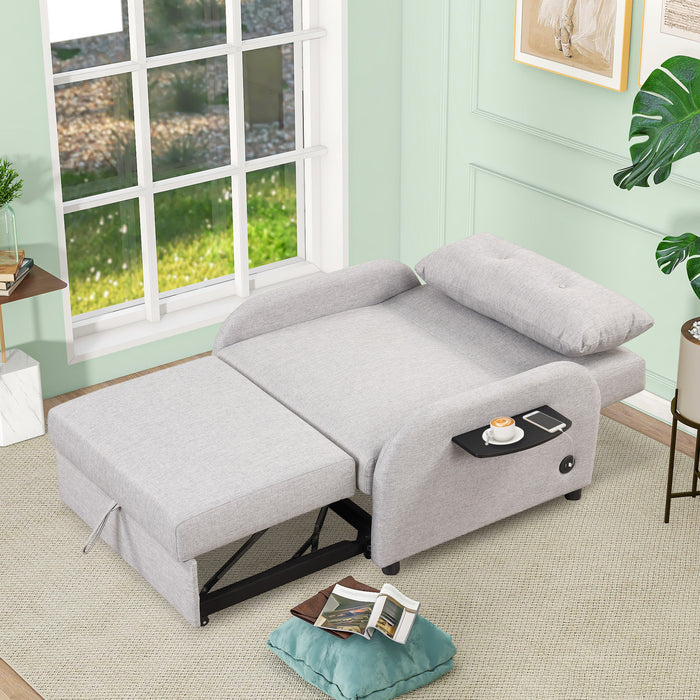 pull out sofa sleeper 3 in 1 with 2 wing table and usb charge for nap line fabric for living room recreation room grey